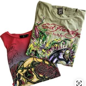 2 Christian Audigier /Ed Hardy- Short Sleeve Tees - Green & Red Graphic Designs